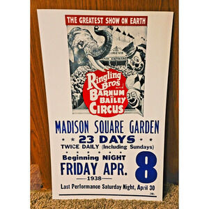 Vintage 1938 Poster Ringling Bros. & Barnum Bailey Circus Madison Square Gardens